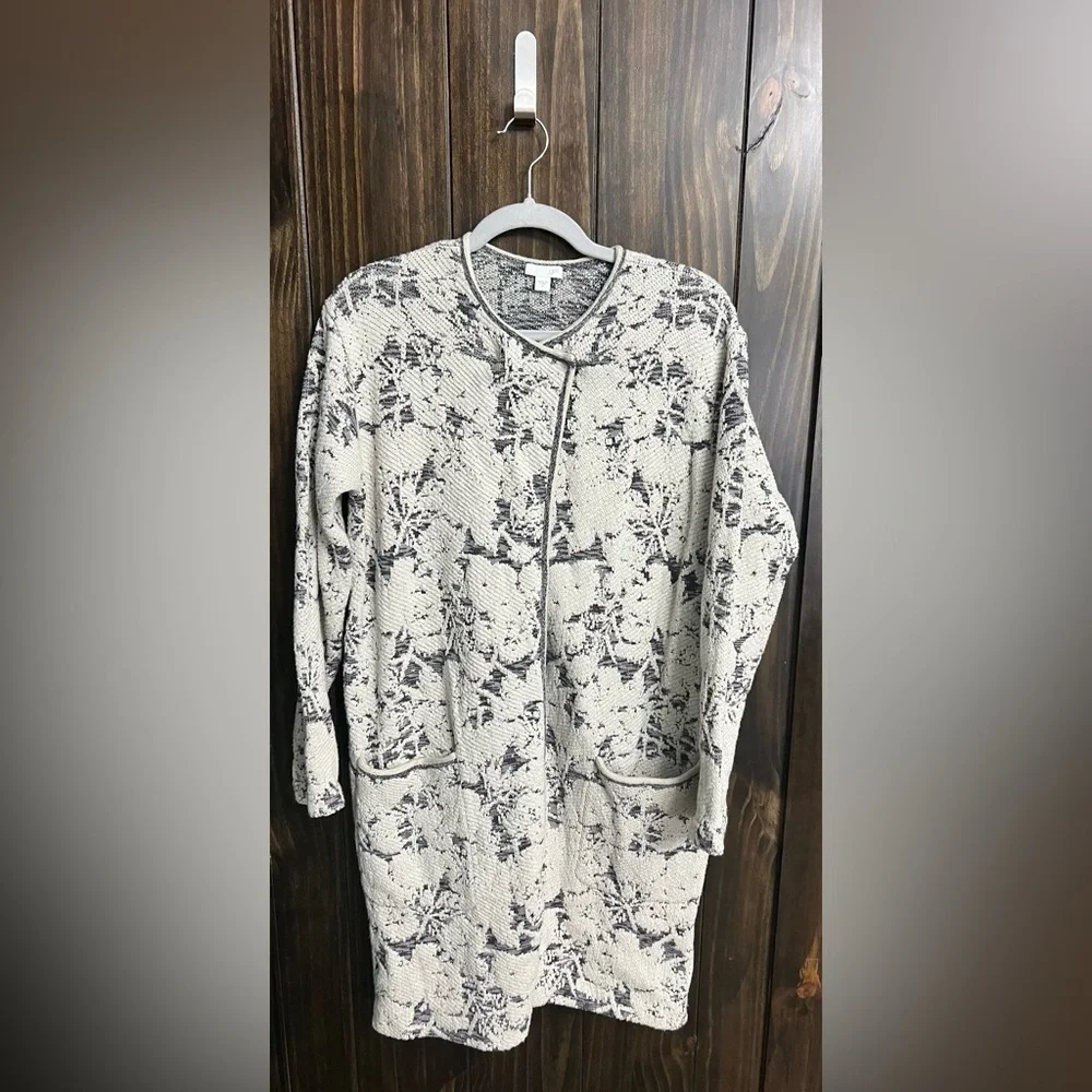 J. JILL White Gray Long Sleeve Jacquard Topper Longline Coat Jacket Size:Small